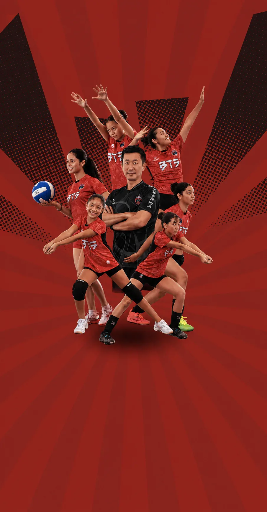 Equipo femenino de voleibol del Club Deportivo BTS junto a su entrenador
